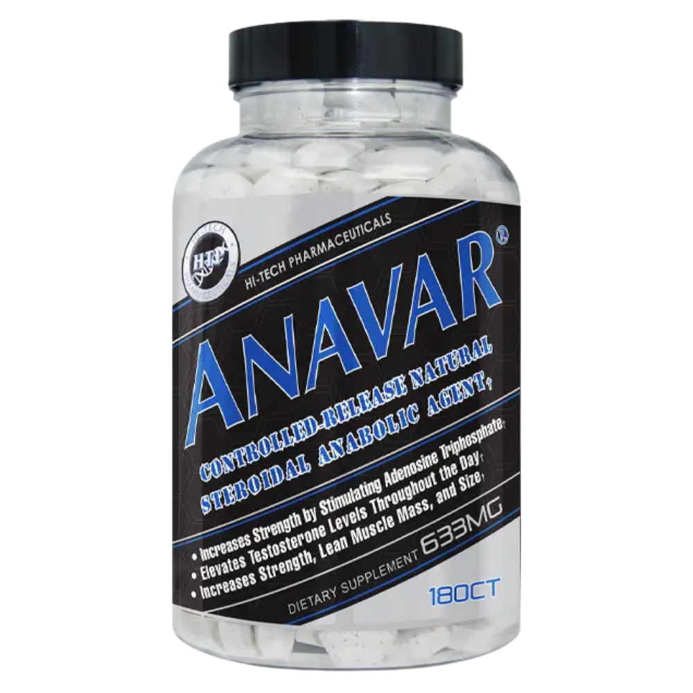 Supplement bottle labeled 'Anavar' by Hi-Tech Pharmaceuticals on a white background