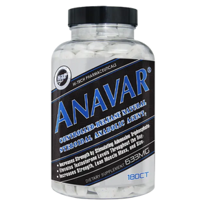 Supplement bottle labeled 'Anavar' by Hi-Tech Pharmaceuticals on a white background