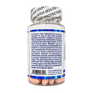 Hi-Tech Pharmaceuticals Andriol 10 mg oral supplement bottle with a white seal-labeled cap and a blue-and-white product label, shown on a plain white background.
