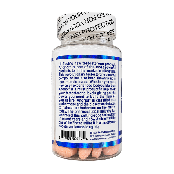Hi-Tech Pharmaceuticals Andriol 10 mg oral supplement bottle with a white seal-labeled cap and a blue-and-white product label, shown on a plain white background.