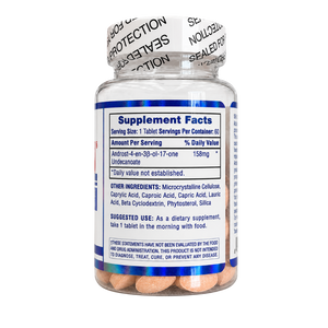A clear plastic bottle of dietary supplements with a white and blue label showing Supplement Facts, sealed with a protective foil cap. The bottle is filled with light brown tablets and is photographed on a plain white background.