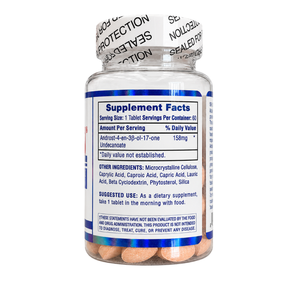 A clear plastic bottle of dietary supplements with a white and blue label showing Supplement Facts, sealed with a protective foil cap. The bottle is filled with light brown tablets and is photographed on a plain white background.