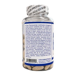  Hi-Tech Pharmaceuticals Ashwagandha 90 Tablets product information on the back of the bottle on a white background.