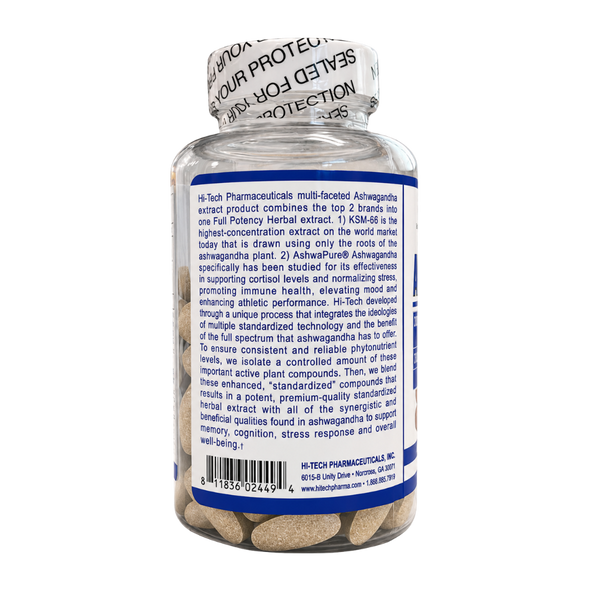  Hi-Tech Pharmaceuticals Ashwagandha 90 Tablets product information on the back of the bottle on a white background.