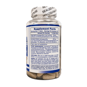 A supplement bottle shown from the back, displaying the detailed Supplement Facts label. The bottle is white with a blue label and a white seal with black text at the neck.