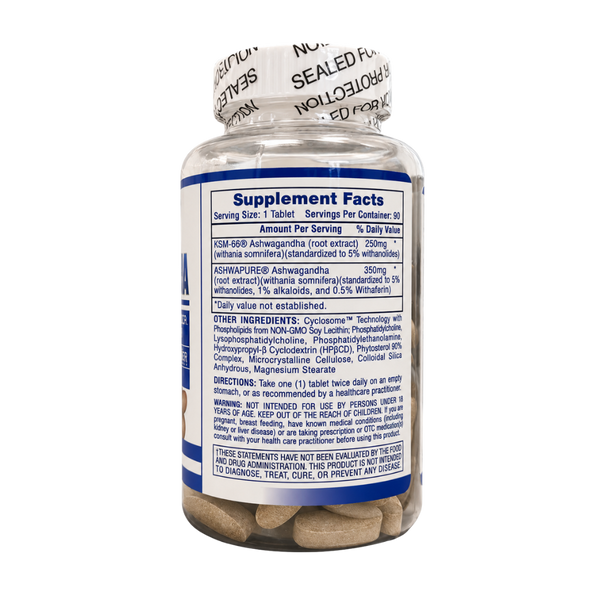 A supplement bottle shown from the back, displaying the detailed Supplement Facts label. The bottle is white with a blue label and a white seal with black text at the neck.