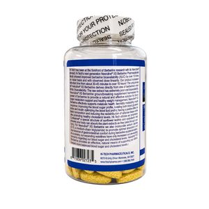 A clear plastic bottle of dietary supplements with a white and blue label, showing the back text of an H-Rich Pharmaceutical product. The bottle is filled with yellow tablets and sealed with a white screw cap featuring a clear seal.