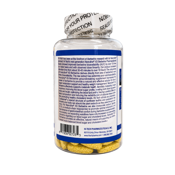 A clear plastic bottle of dietary supplements with a white and blue label, showing the back text of an H-Rich Pharmaceutical product. The bottle is filled with yellow tablets and sealed with a white screw cap featuring a clear seal.