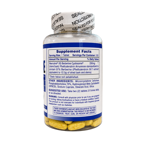 A supplement bottle showing the back label with Supplement Facts, a white seal strip, and yellow tablets visible inside a clear plastic bottle.