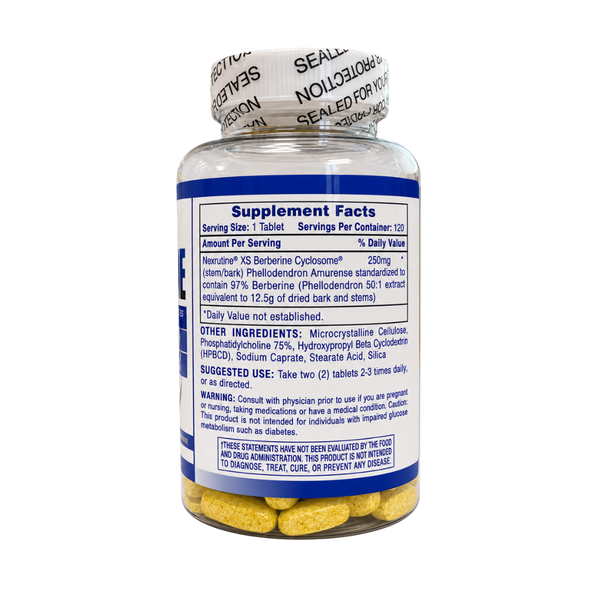 A supplement bottle showing the back label with Supplement Facts, a white seal strip, and yellow tablets visible inside a clear plastic bottle.
