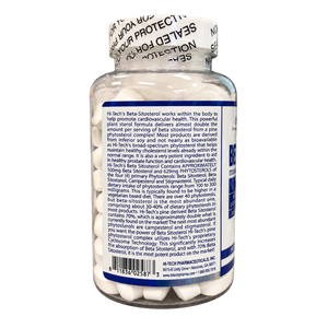 A clear plastic bottle of H6-Tech's Beta-Sitosterol dietary supplement with a white screw cap and a blue-and-white label, photographed against a plain white background.