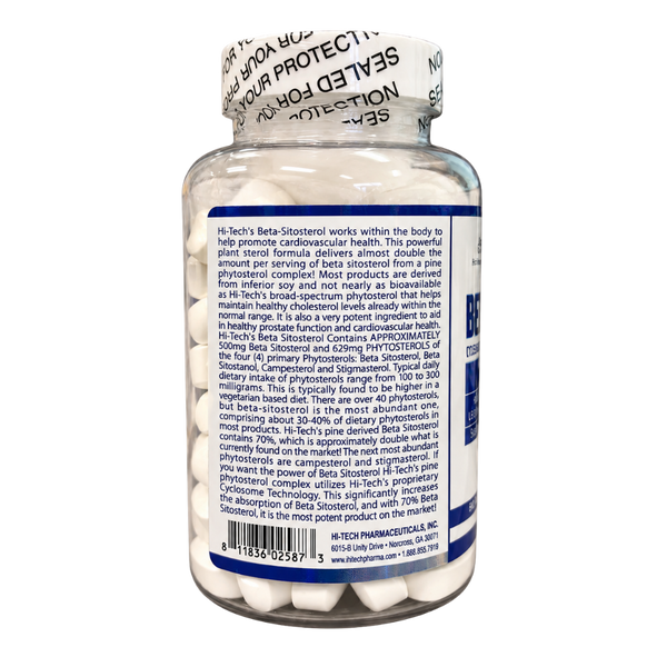 A clear plastic bottle of H6-Tech's Beta-Sitosterol dietary supplement with a white screw cap and a blue-and-white label, photographed against a plain white background.
