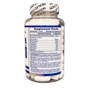 Hi-Tech Pharmaceuticals Hi Tech Pharmaceuticals Beta Sitosterol 90 Tablets supplement facts listed on the side of the bottle alongside other ingredients, directions, and warnings on a white background.