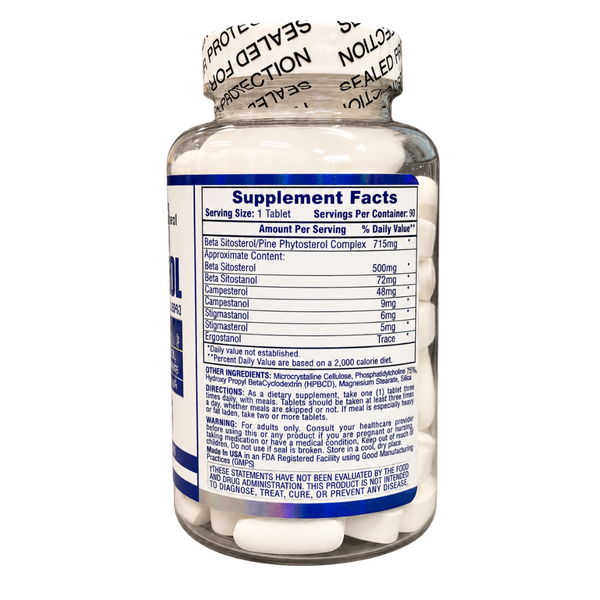 Hi-Tech Pharmaceuticals Hi Tech Pharmaceuticals Beta Sitosterol 90 Tablets supplement facts listed on the side of the bottle alongside other ingredients, directions, and warnings on a white background.