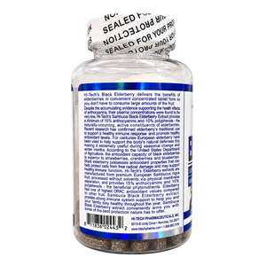 A bottle of Hi-Tech Pharmaceuticals Black Elderberry dietary supplement, showing the back label and white cap with printed text on a white background.