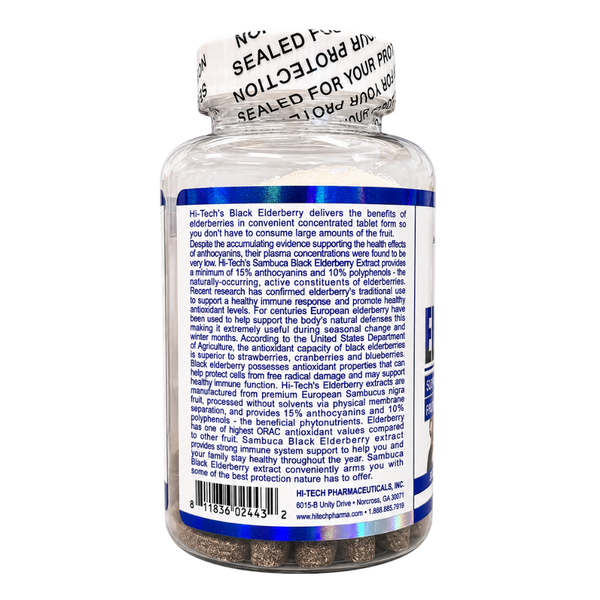 A bottle of Hi-Tech Pharmaceuticals Black Elderberry dietary supplement, showing the back label and white cap with printed text on a white background.