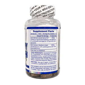 A bottle of Hi-Tech Pharmaceuticals Black Elderberry dietary supplement, showing the side label supplement facts and white cap with printed text on a white background.