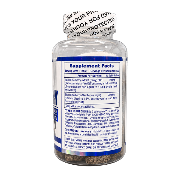 A bottle of Hi-Tech Pharmaceuticals Black Elderberry dietary supplement, showing the side label supplement facts and white cap with printed text on a white background.