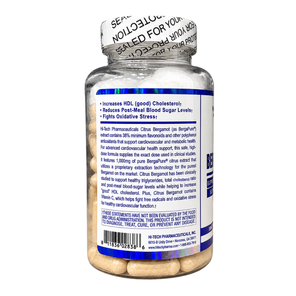 A bottle of dietary supplements with a white and blue label showing product information sealed with a protective foil cap, on a white background.