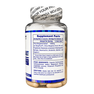 A bottle of dietary supplements with a white and blue label showing Supplement Facts, sealed with a protective foil cap, on a white background.