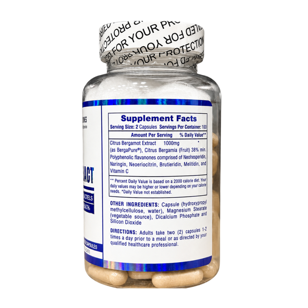 A bottle of dietary supplements with a white and blue label showing Supplement Facts, sealed with a protective foil cap, on a white background.