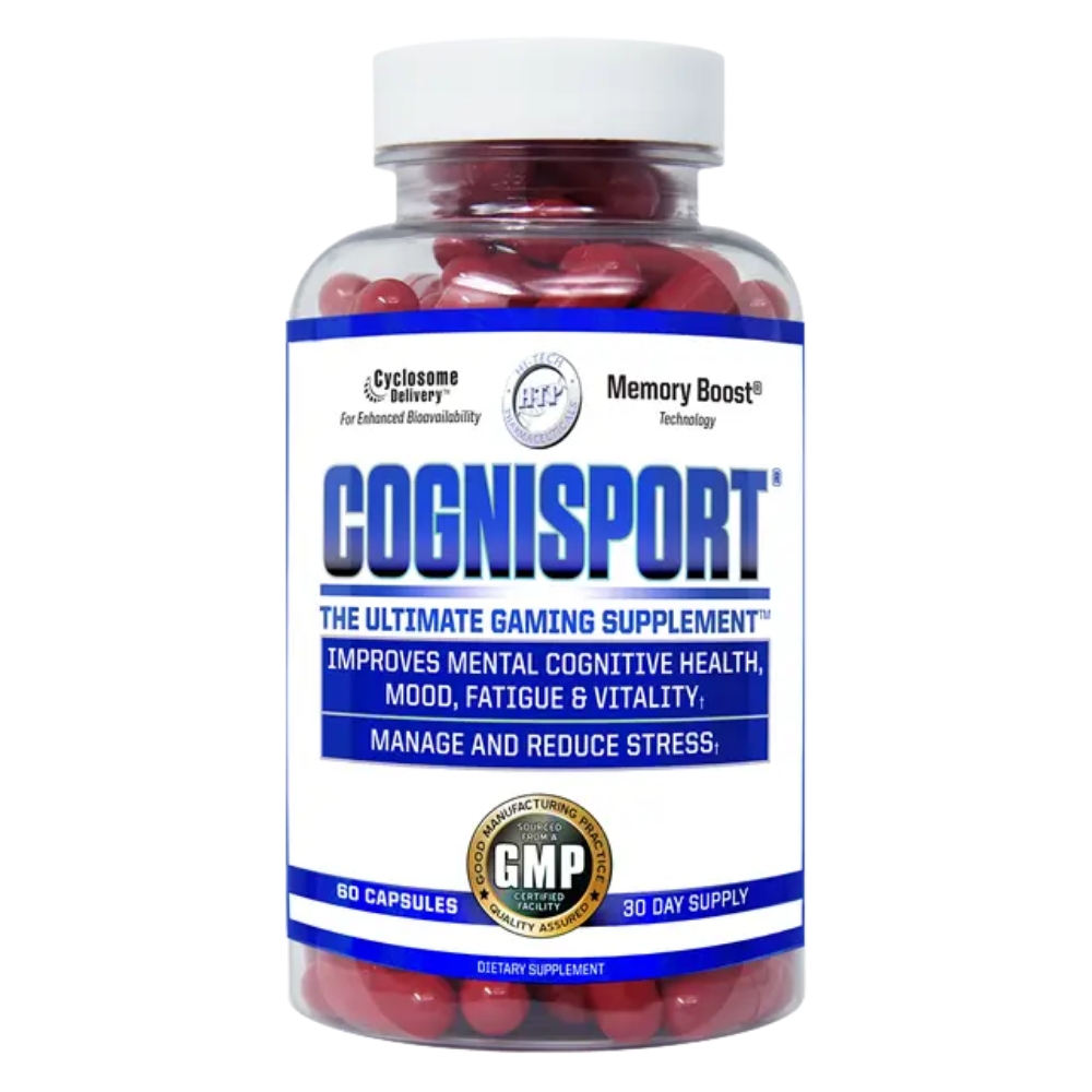 A bottle of Cognisport dietary supplement capsules on a plain white background. The clear plastic bottle shows red capsules inside and has a white cap with a white label featuring blue and black text.