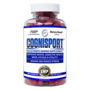 A bottle of Cognisport dietary supplement capsules on a plain white background. The clear plastic bottle shows red capsules inside and has a white cap with a white label featuring blue and black text.