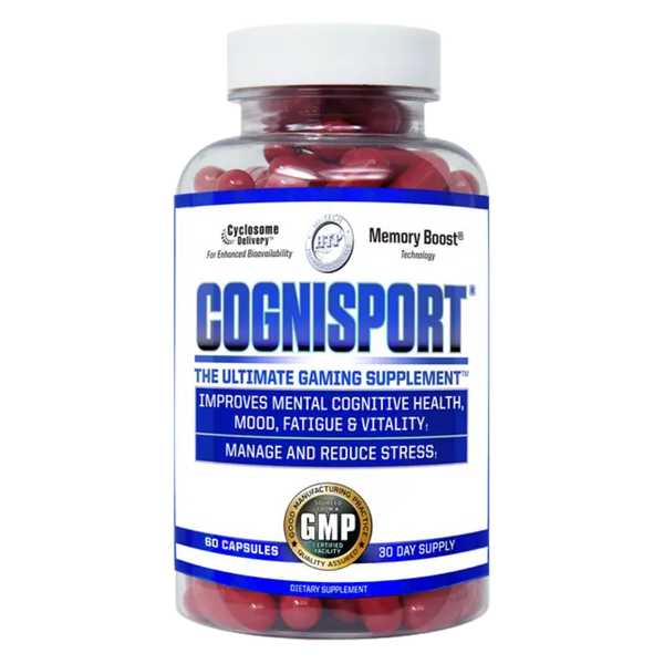 A bottle of Cognisport dietary supplement capsules on a plain white background. The clear plastic bottle shows red capsules inside and has a white cap with a white label featuring blue and black text.