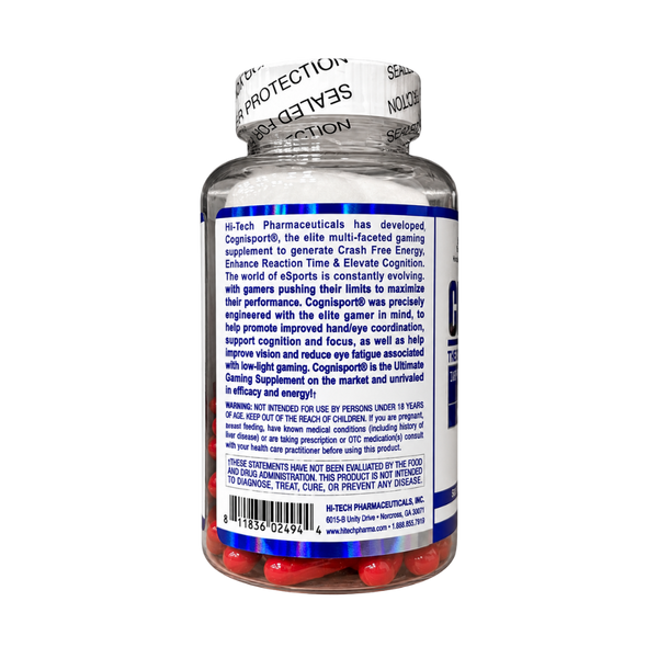 A bottle of Cognisport by Hi-Tech Pharmaceuticals supplement gummies with a white and black seal cap, showing the back label with text and a barcode on a white background.