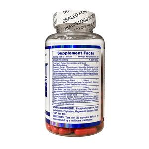 A clear plastic bottle of dietary supplements with a white seal lid and a blue-and-white label showing Supplement Facts, photographed on a plain white background.