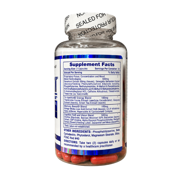 A clear plastic bottle of dietary supplements with a white seal lid and a blue-and-white label showing Supplement Facts, photographed on a plain white background.