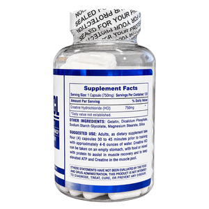 Hi-Tech Pharmaceuticals Hi Tech Pharmaceuticals Creatine HCL 120 Capsules supplement facts, and suggested use listed on the bottle on a white background