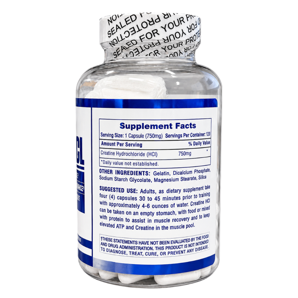 Hi-Tech Pharmaceuticals Hi Tech Pharmaceuticals Creatine HCL 120 Capsules supplement facts, and suggested use listed on the bottle on a white background