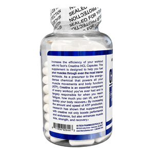 Hi-Tech Pharmaceuticals Hi Tech Pharmaceuticals Creatine HCL 120 Capsules product info listed on the bottle on a white background