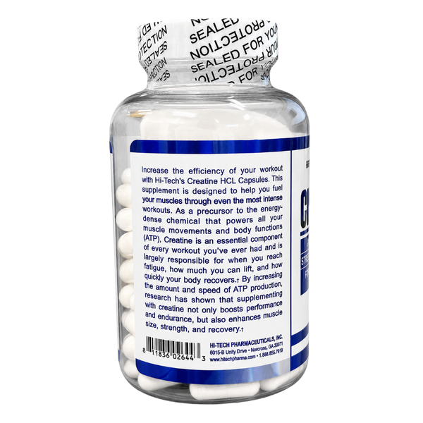 Hi-Tech Pharmaceuticals Hi Tech Pharmaceuticals Creatine HCL 120 Capsules product info listed on the bottle on a white background