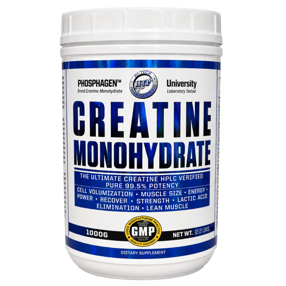 A white plastic tub of Hi-Tech Creatine Monohydrate 1000g dietary supplement with a white label featuring bold blue and black text and blue metallic accents.