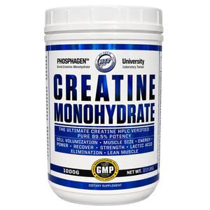 A white plastic tub of Hi-Tech Creatine Monohydrate 1000g dietary supplement with a white label featuring bold blue and black text and blue metallic accents.