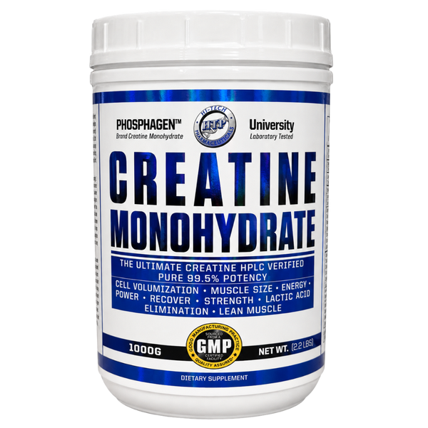 A white plastic tub of Hi-Tech Creatine Monohydrate 1000g dietary supplement with a white label featuring bold blue and black text and blue metallic accents.