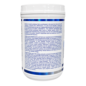 A white plastic bottle of Creatine Monohydrate with a white cap, featuring a white label with blue text, on a plain white background.