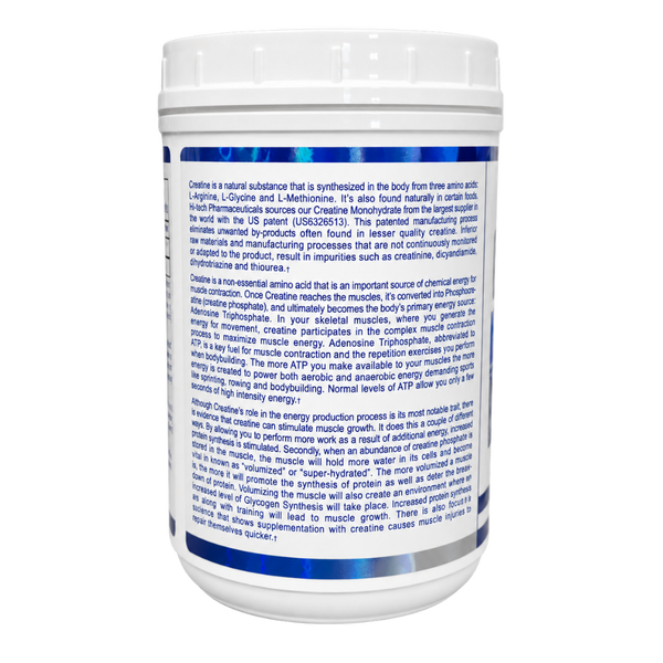 A white plastic bottle of Creatine Monohydrate with a white cap, featuring a white label with blue text, on a plain white background.
