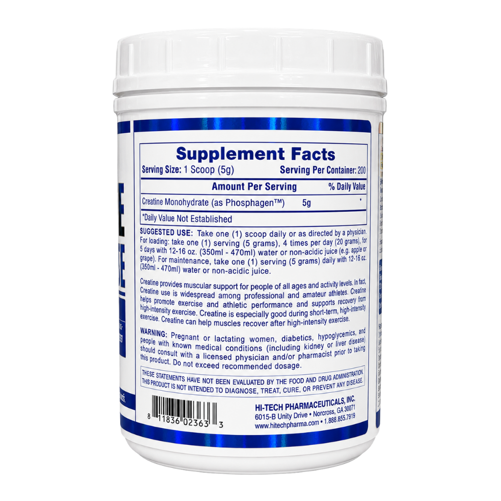 A white plastic tub of Hi-Tech Creatine Monohydrate 1000g dietary supplement with a white label featuring bold blue and black text and blue metallic accents.