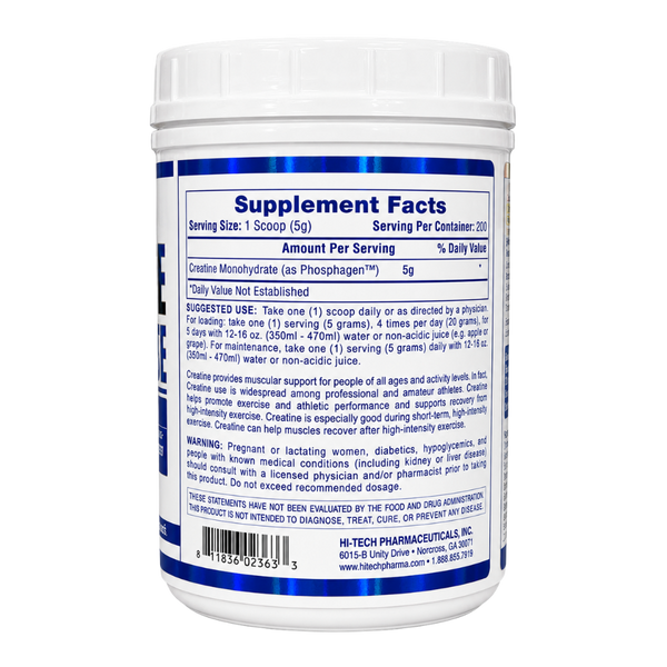 A white plastic bottle of Hi-Tech Pharmaceuticals Creatine Monohydrate with a white cap, showing the Supplement Facts label on a white background.