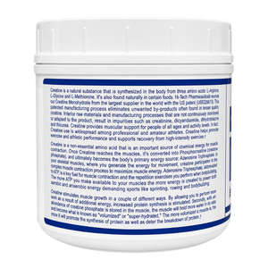 Hi-Tech Pharmaceuticals Hi Tech Pharmaceuticals Creatine 400 Grams product information in 3 paragraphs on the tub of the product.