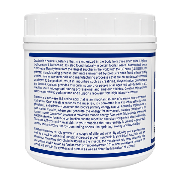 Hi-Tech Pharmaceuticals Hi Tech Pharmaceuticals Creatine 400 Grams product information in 3 paragraphs on the tub of the product.