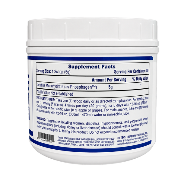 Hi-Tech Pharmaceuticals Hi Tech Pharmaceuticals Creatine 400 Grams supplement facts, suggested use, and warnings listed on the tub. 