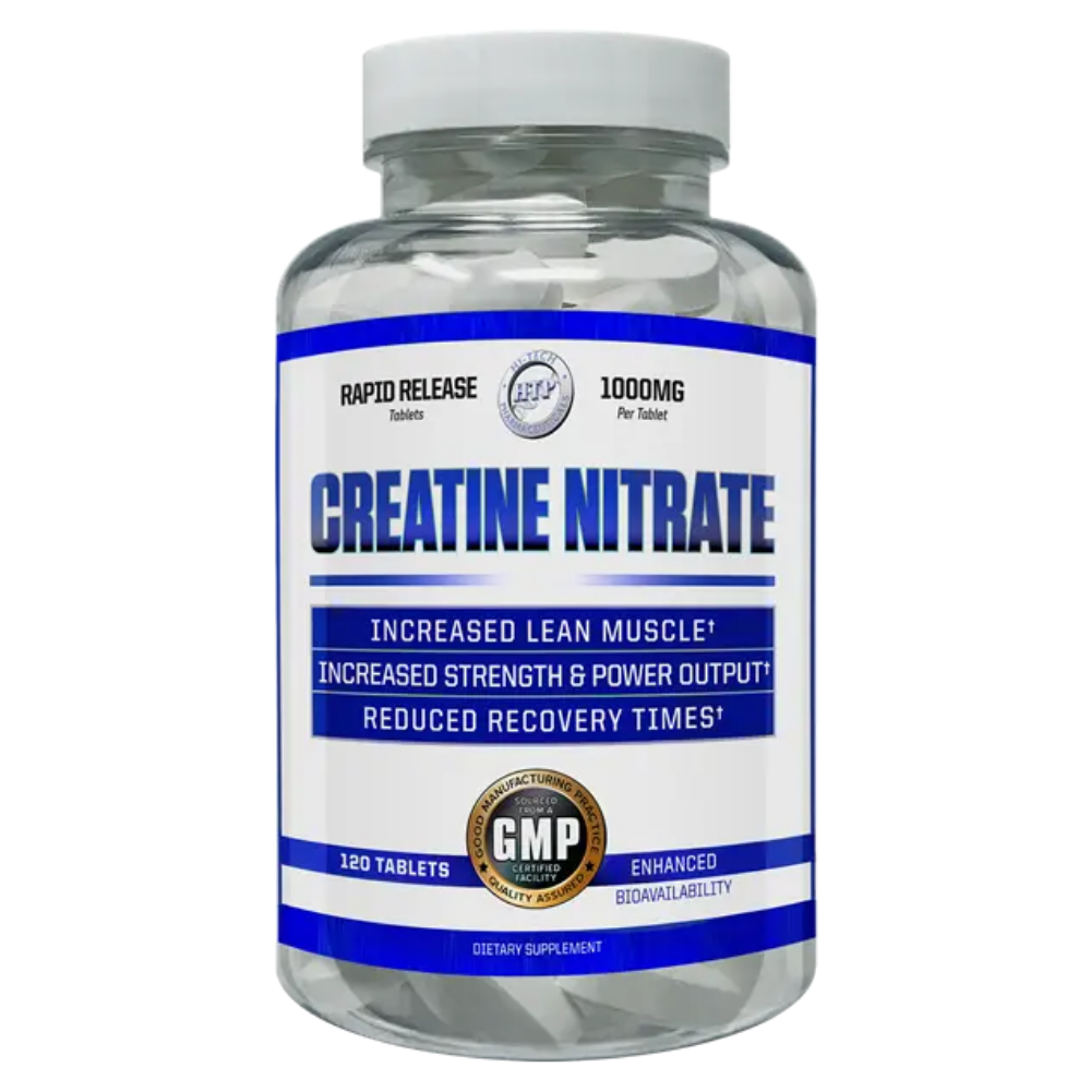 Bottle of hi-tech pharmaceuticals creatine nitrate supplement with label on a white background