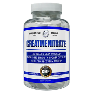 Bottle of hi-tech pharmaceuticals creatine nitrate supplement with label on a white background
