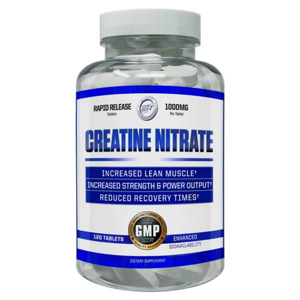 Bottle of hi-tech pharmaceuticals creatine nitrate supplement with label on a white background