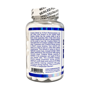 A white plastic bottle of HI-Tech Pharmaceuticals Creatine Nitrate dietary supplement, featuring a blue label and a white foil seal with black text.