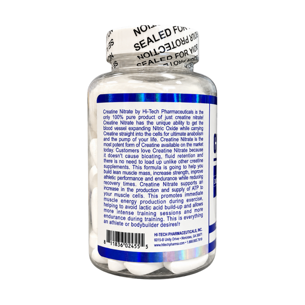 A white plastic bottle of HI-Tech Pharmaceuticals Creatine Nitrate dietary supplement, featuring a blue label and a white foil seal with black text.
